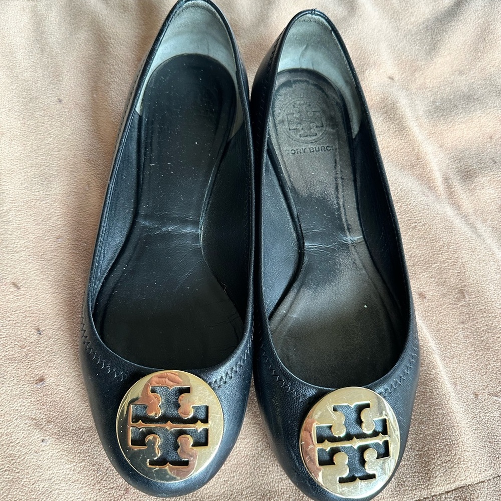 Tory Burch Black Flats with Gold Emblem